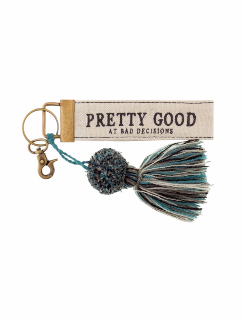 Karma “Pretty Good” Canvas Keychain/Bag Charm With Teal Tassel NWT